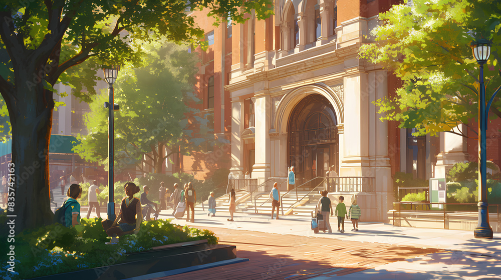 Obraz premium city ​​street library in New York and the tree-lined path in the middle