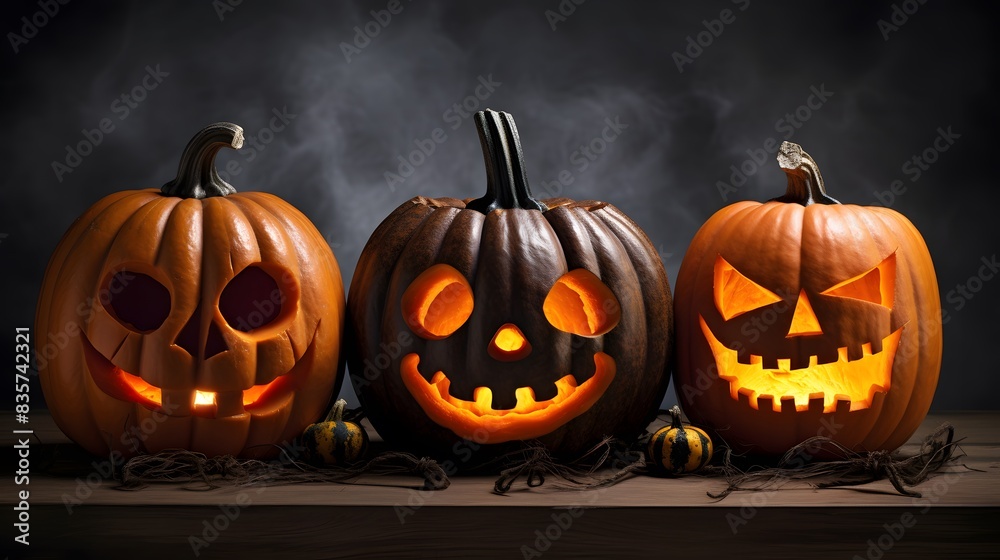 Obraz premium about Halloween pumpkins with spider on a shiny light background.