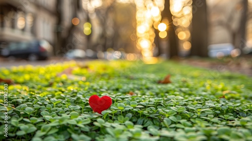  A red heart lies centered on a green grassy expanse within the park Cars line the edge of the road behind photo