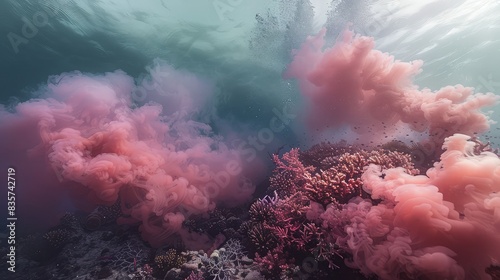 Vibrant coral smoke moves through underwater reef, minimalist oceanic beauty.