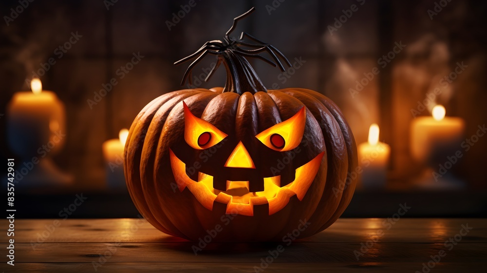 Fototapeta premium about Halloween pumpkins with spider on a shiny light background.