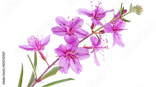 a micro closeup of a single fireweed flower, realistic, white background