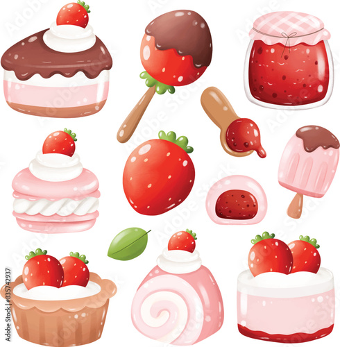 Set of Strawberry Cakes and Foods