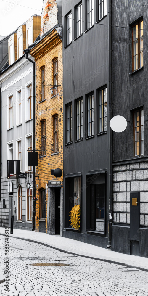 Fototapeta premium Empty street with minimalist architecture and contrasting tones.