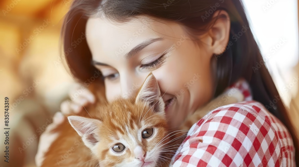 A close-up of a person smiling while holding a cat They wear a red and white checked shirt A close-up of a person smiling while holding a cat They wear a red and white checked shirt
