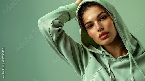 Female fitness model in a sage green hoodie posing athletically, isolated on a sage green background photo