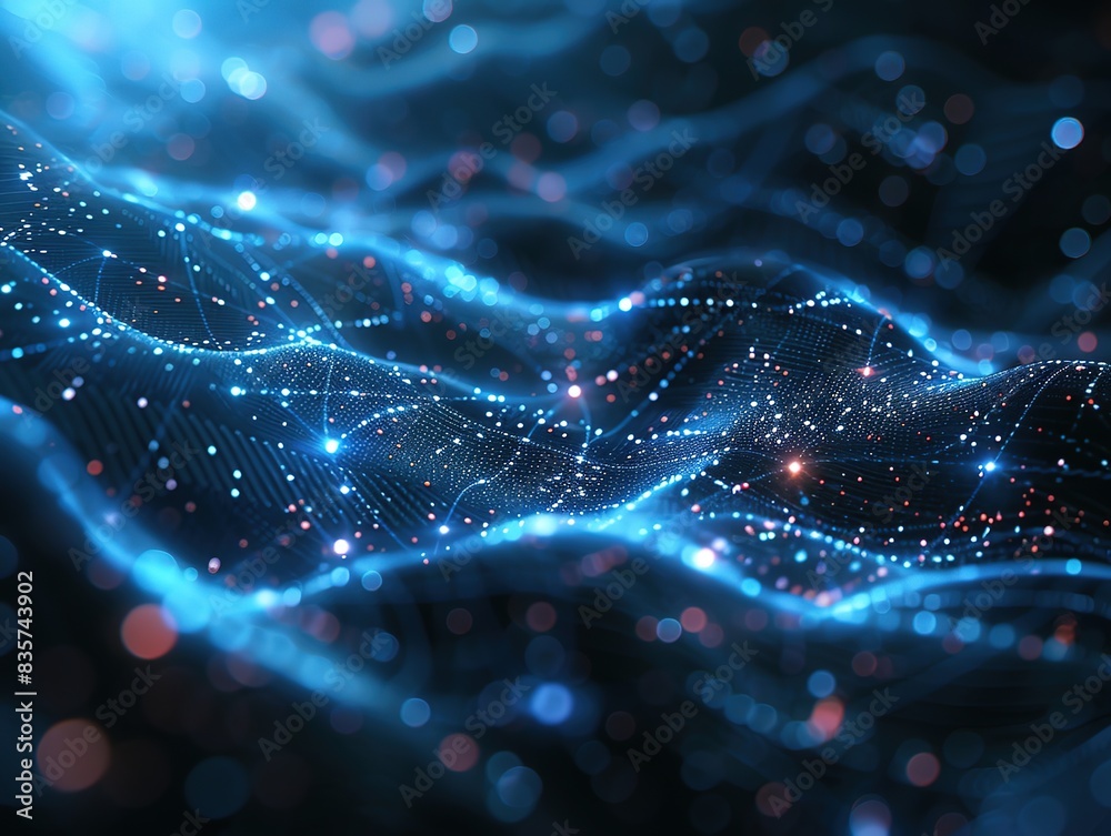High-Tech Data Charts with Blue Tones and Ambient Light, Featuring Techno Lines and Particles Creating a Futuristic and Mysterious Atmosphere High-Tech Data Charts with Blue Tones and Ambient Light, Featuring Techno Lines and Particles Creating a Futuristic and Mysterious Atmosphere