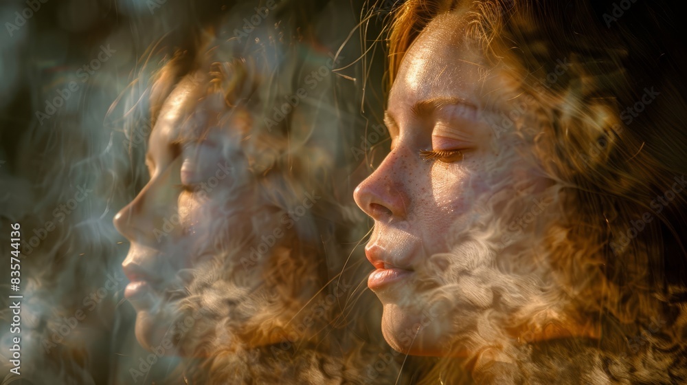 A tight shot of a woman's face with smoke intensely billowing from her mouth and behind her reveals a hazy, indistinct image of another woman's face A tight shot of a woman's face with smoke intensely billowing from her mouth and behind her reveals a hazy, indistinct image of another woman's face