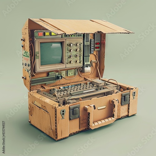 A cardboard box transforming into a high-tech gadget, Tech, Cool tones, Digital art