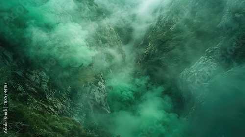 Dark green smoke curls in a foggy mountain range, minimalism meets wild nature. photo
