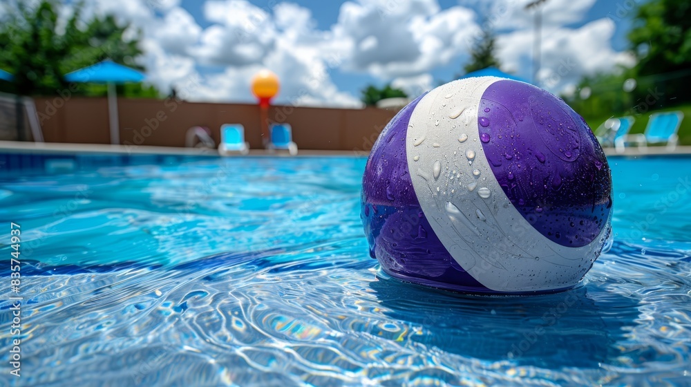  A purple and white ball sits in the middle of a clear blue swimming pool Behind it, a blue sky is adorned with fluffy white clouds In the distance, a blue lawn