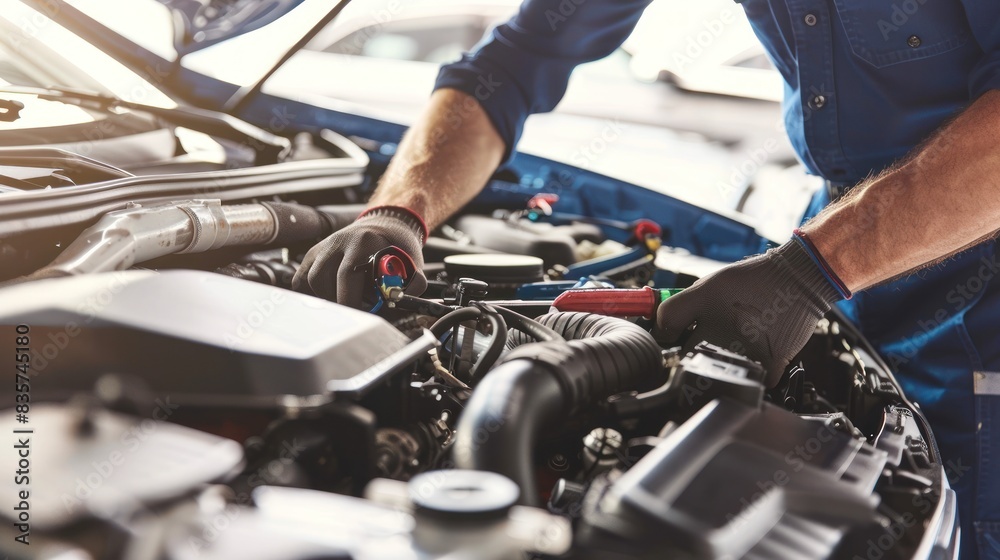 Professional car mechanic using a wrench to work on the engine of the car in the garage for car auto repair service and maintenance check concept for the vehicle before leaving. Car maintenance Professional car mechanic using a wrench to work on the engine of the car in the garage for car auto repair service and maintenance check concept for the vehicle before leaving. Car maintenance