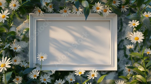 Frame mockup, daisy flower garden background