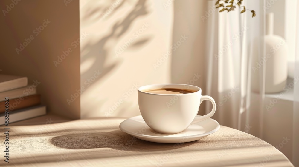 Stylish coffee cup with saucer on a light brown tabletop Stylish coffee cup with saucer on a light brown tabletop