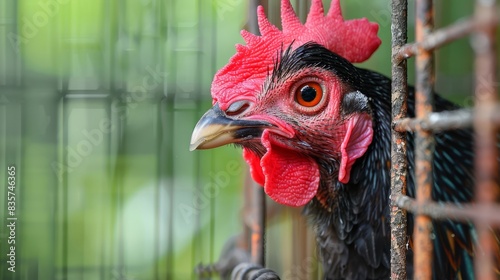  A rooster, its head protruding from a cage's top, amidst blurred tree background photo