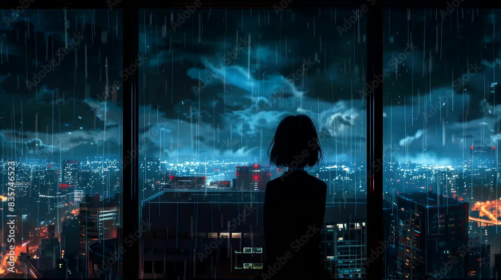 Silhouetted girl observing the city during a rainstorm beyond the window. Anime or digital painting style, looping 4k video animation background Silhouetted girl observing the city during a rainstorm beyond the window. Anime or digital painting style, looping 4k video animation background