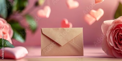 Romantic love note idea with an envelope and hearts on a pink backdrop photo