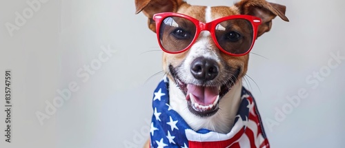 Cute dog with red glasses and American flag scarf, smiling happily. Perfect for patriotic or pet-themed designs.