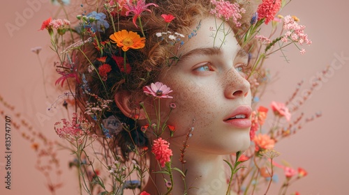 Youthful Wonder in Coral Blossoms - Portrait of Young Woman