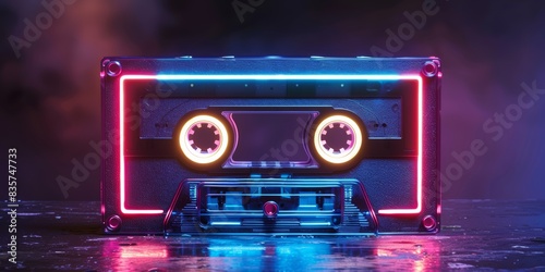 Retro music concept featuring a neonlit cassette tape