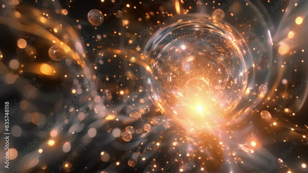 A burst of particles exploding outwards captured in the confines of a bubble chamber and immortalized as a work of art.