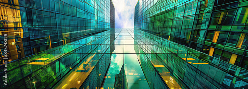 Geometric perspective of modern architecture. A modern skyscraper facade with a mirrored glass exterior. The reflection creates an abstract geometric pattern and a sense of depth.