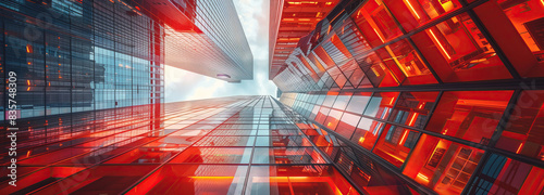 Reflections of a cityscapes red and blue glass facade. An upward view of a skyscraper with a reflective glass facade, displaying a mesmerizing pattern of red and blue hues