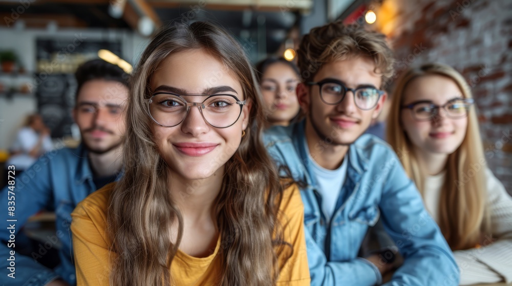 A group of people seated next to one another face a brick wall One woman wears glasses, while two men don yellow and blue shirts, respectively A group of people seated next to one another face a brick wall One woman wears glasses, while two men don yellow and blue shirts, respectively