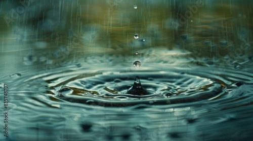 Close-up of water drop causing circular waves in water on a rainy day  capturing the essence of nature s serenity 