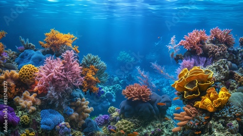 A 3D wallpaper depicting an expansive underwater coral reef, vibrant with colors and marine life, giving the illusion of depth and movement on a feature wall. photo