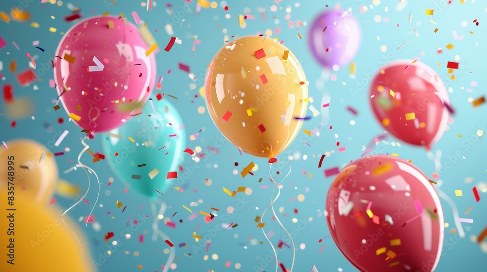 Party atmosphere with colorful balloons and confetti in the air Party atmosphere with colorful balloons and confetti in the air