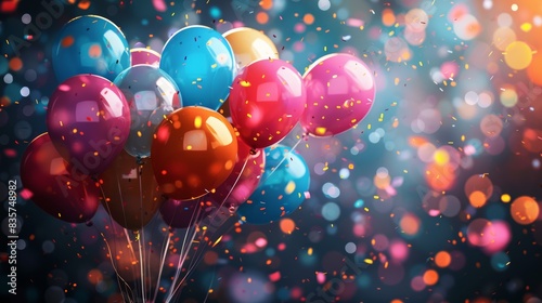Party background with colorful balloons and scattered confetti photo