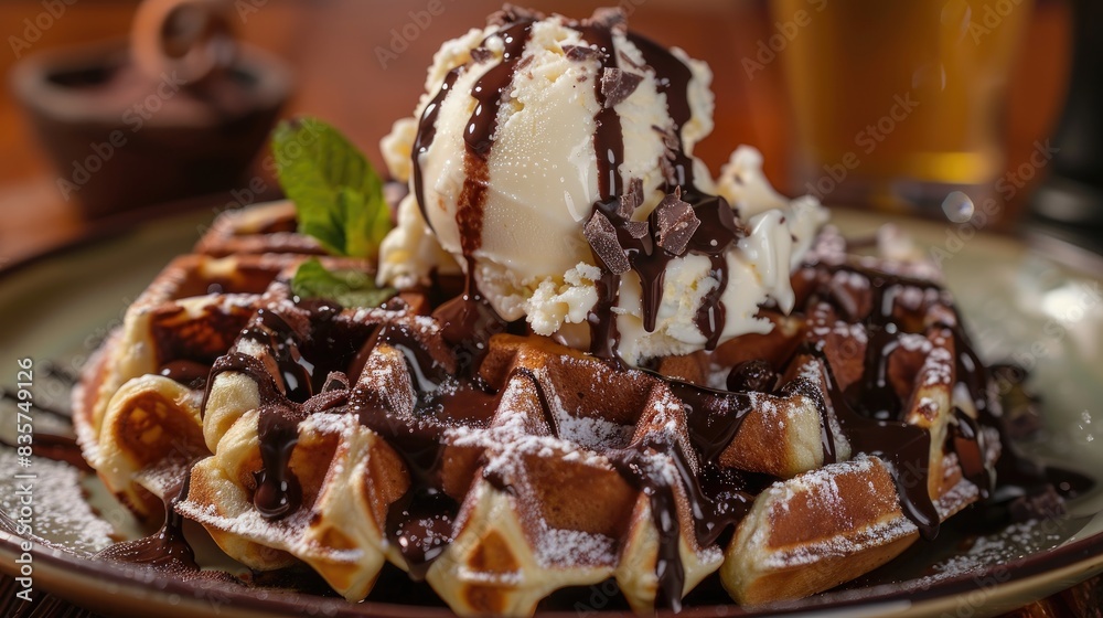 Stack of chocolate Belgian waffles topped with ice cream and chocolate sauce Waffles served for breakfast with gelato chocolate drizzles and mint Stack of chocolate Belgian waffles topped with ice cream and chocolate sauce Waffles served for breakfast with gelato chocolate drizzles and mint