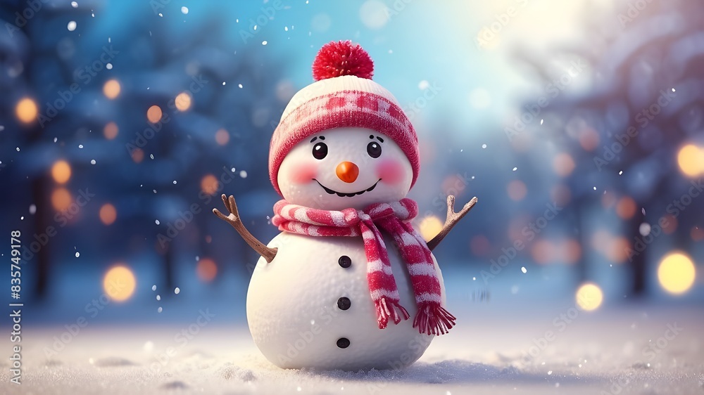 Christmas décor in a winter park including a charming, happy snowman and gorgeous bokeh. AI-produced. Christmas décor in a winter park including a charming, happy snowman and gorgeous bokeh. AI-produced.