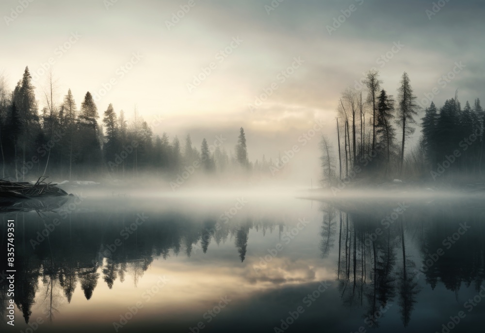 Serene Autumn Scene at Calm Foggy Lake with Reflected Forest for Tranquil Landscape Photography