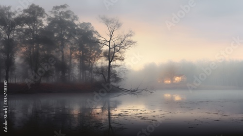 Serene Lake with Forest and Illuminated Cabin at Dawn for Tranquil Nature Retreats