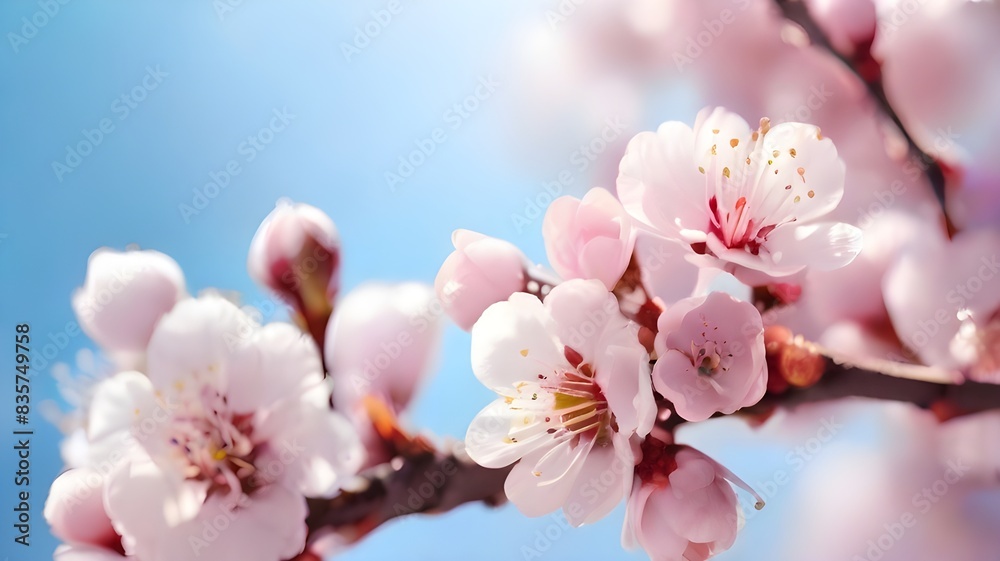 Macro of cherry blossom branches in full bloom with soft focus set against a softly blue sky background in the sun with copy space. lovely floral picture of the natural world in spring. Macro of cherry blossom branches in full bloom with soft focus set against a softly blue sky background in the sun with copy space. lovely floral picture of the natural world in spring.