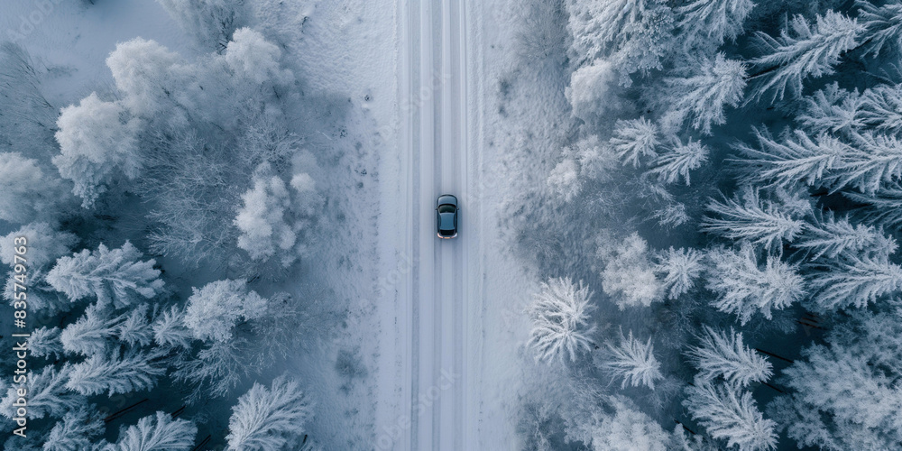 Aerial view of a car driving along a winter wild forest road in the countryside