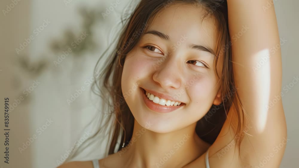 Young Asian woman with smooth underarms on white background. Young Asian woman with smooth underarms on white background.