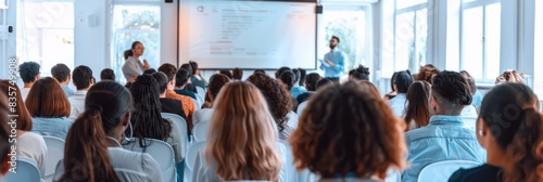 A large group of diverse attendees are present at a professional business seminar featuring presentations, speakers, and modern technology in an indoor setting for networking and learning
