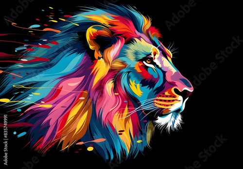 Colorful lion head with splash paint isolated on a black background