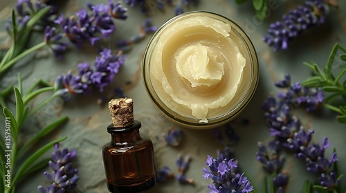  Top-down view of shea butter with scattered lavender flowers and a small bottle of lavender oil on a slate surface.