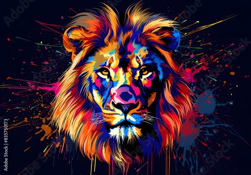 Colorful lion head with splash paint isolated on a black background