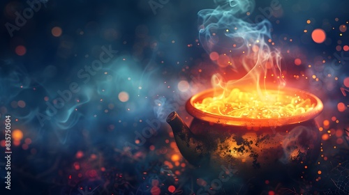 A orange cauldron with smoke and glowing liquid inside, on a halloween background