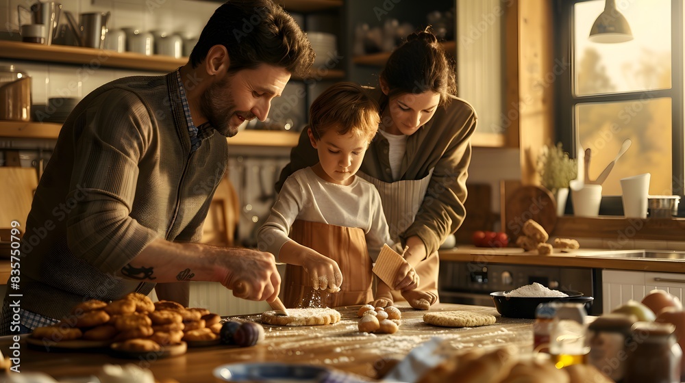 ultra-realistic medium-shot illustration of an LGBTQ+ family baking together in their kitchen, as if captured by a Canon EOS 5D Mark IV. The family includes two fathers and their two children, a boy ultra-realistic medium-shot illustration of an LGBTQ+ family baking together in their kitchen, as if captured by a Canon EOS 5D Mark IV. The family includes two fathers and their two children, a boy