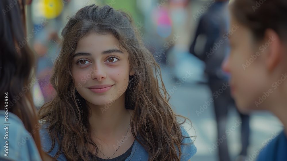A tight shot of one person beaming with a smile, surrounded by two others in the background, all grinning towards the subject on their left A tight shot of one person beaming with a smile, surrounded by two others in the background, all grinning towards the subject on their left