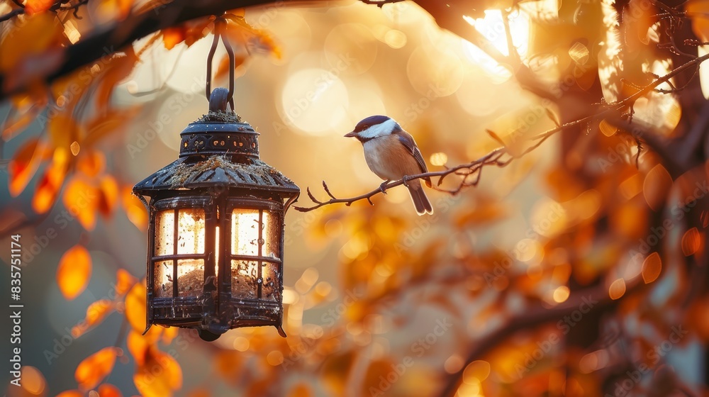 A bird perches on a tree branch, adjacent to a side-hanging light The backdrop consists of a blurred canopy of leaves and a tree A bird perches on a tree branch, adjacent to a side-hanging light The backdrop consists of a blurred canopy of leaves and a tree