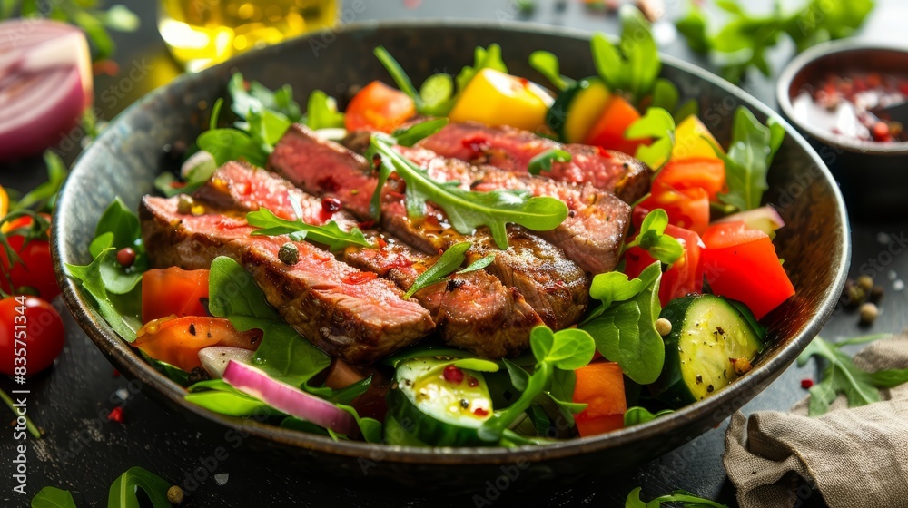 A tight shot of a table-set bowl, brimming with meat and vegetables Nearby, a secondary bowl holds an array of sauces A glass of wine sits beside the A tight shot of a table-set bowl, brimming with meat and vegetables Nearby, a secondary bowl holds an array of sauces A glass of wine sits beside the