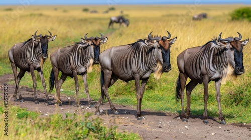  A herd of wildebeest traverses a dirt road in a grassy region Grazing wildebeest populate the foreground