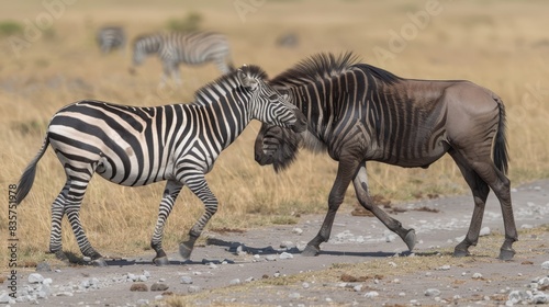  A couple of zebras stand side by side on a dry  grass-covered field Beyond them  a distance away  is a field filled with tall  dry grass harboring more